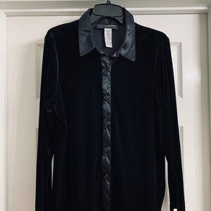 Sag Harbor Petite Women's Black Velour Blouse with Satin Collar, Size PM